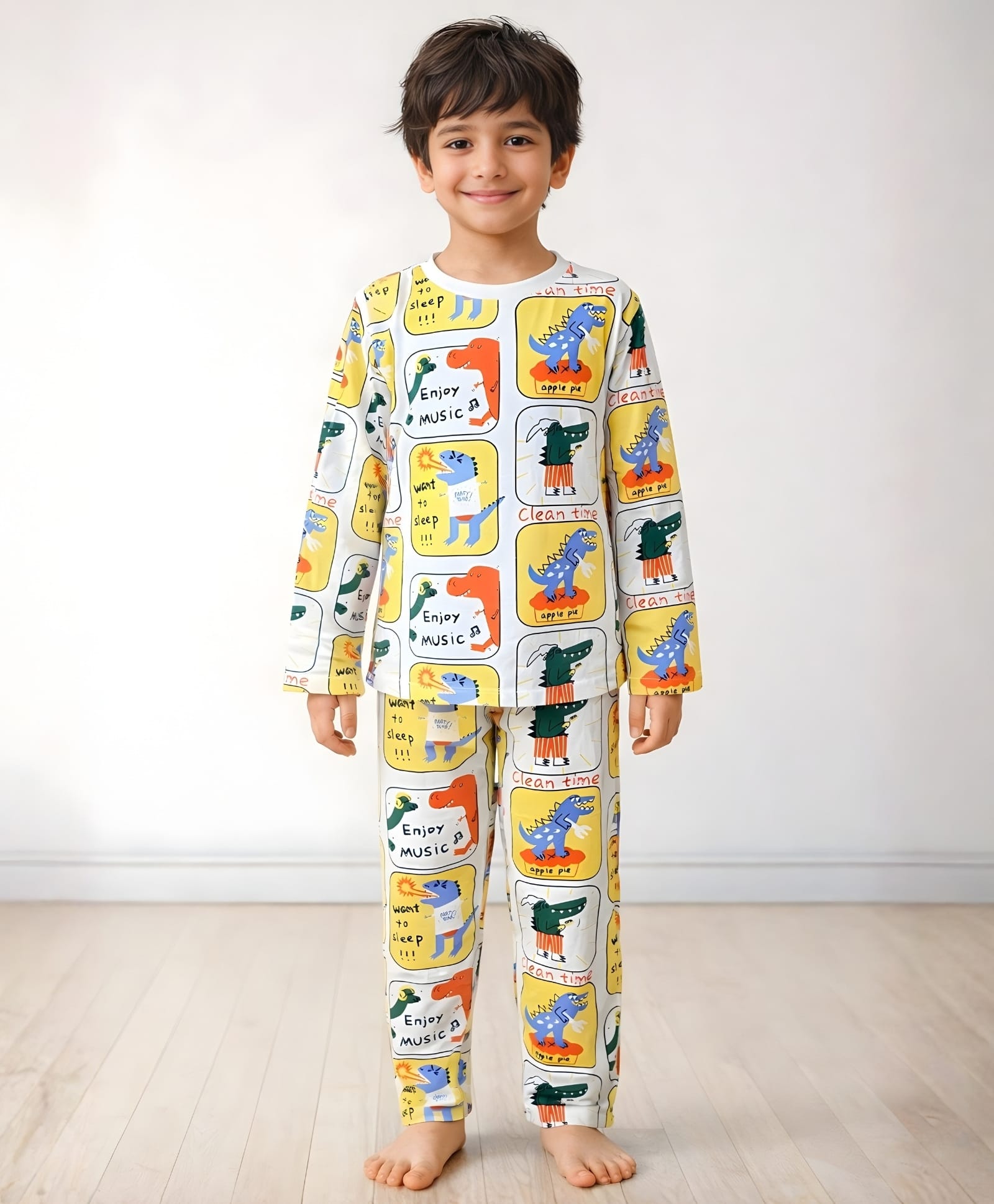 Anthrilo 100% Cotton Knit Full Sleeves Crocodile Printed Coordinating Night Suit Set - White-image-9