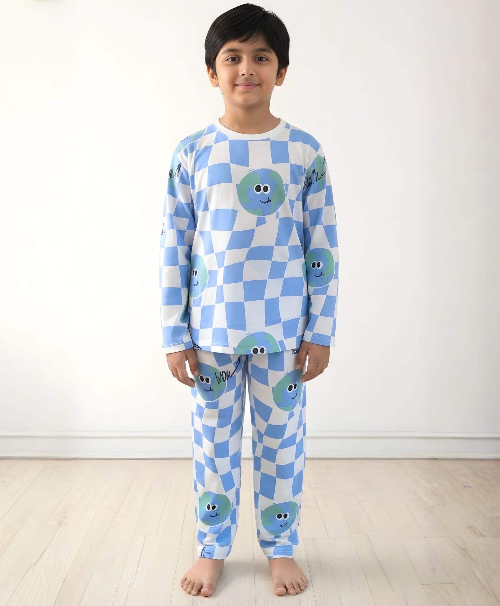 Anthrilo 100% Cotton Knit Full Sleeves Globe Printed Coordinating Night Suit Set - Blue-image-32