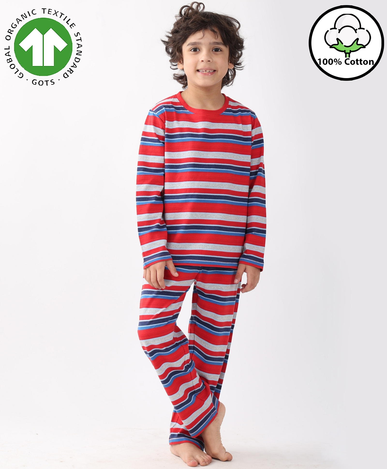 Anthrilo 100% Cotton Knit Full Sleeves Striped Comfort Fit Coordinating Night Suit Set - Multi Colour-image-5