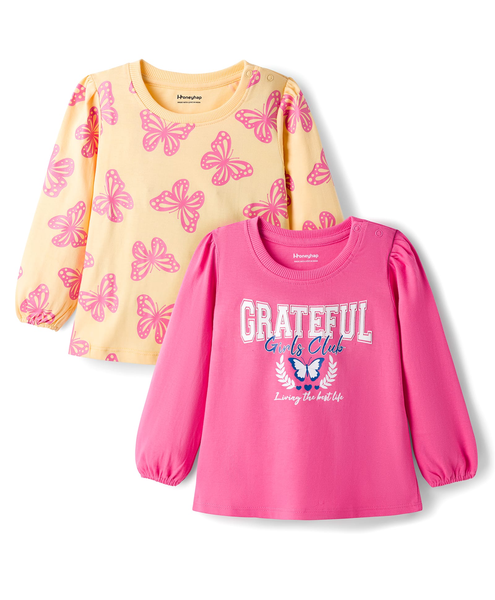 Honeyhap Premium 100% Cotton Knit Full Sleeves T-Shirts with Bio Finish & Butterfly Print Pack of 2 - Hot Pink & Golden Haze-image-39