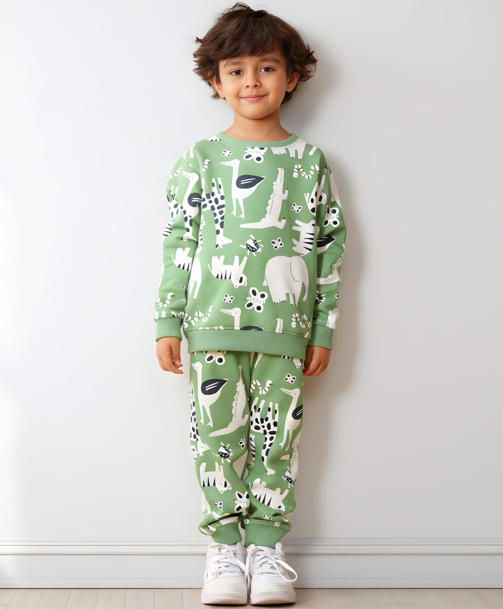 Anthrilo Fleece Knit Full Sleeves Animals Printed Light Winter Sweatshirt & Coordinating Joggers Set - Green-picture-36