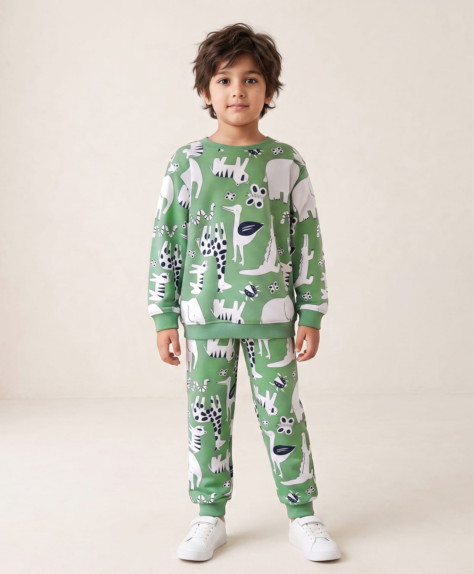 Anthrilo Fleece Knit Full Sleeves Animals Printed Light Winter Sweatshirt & Coordinating Joggers Set - Green-picture-38