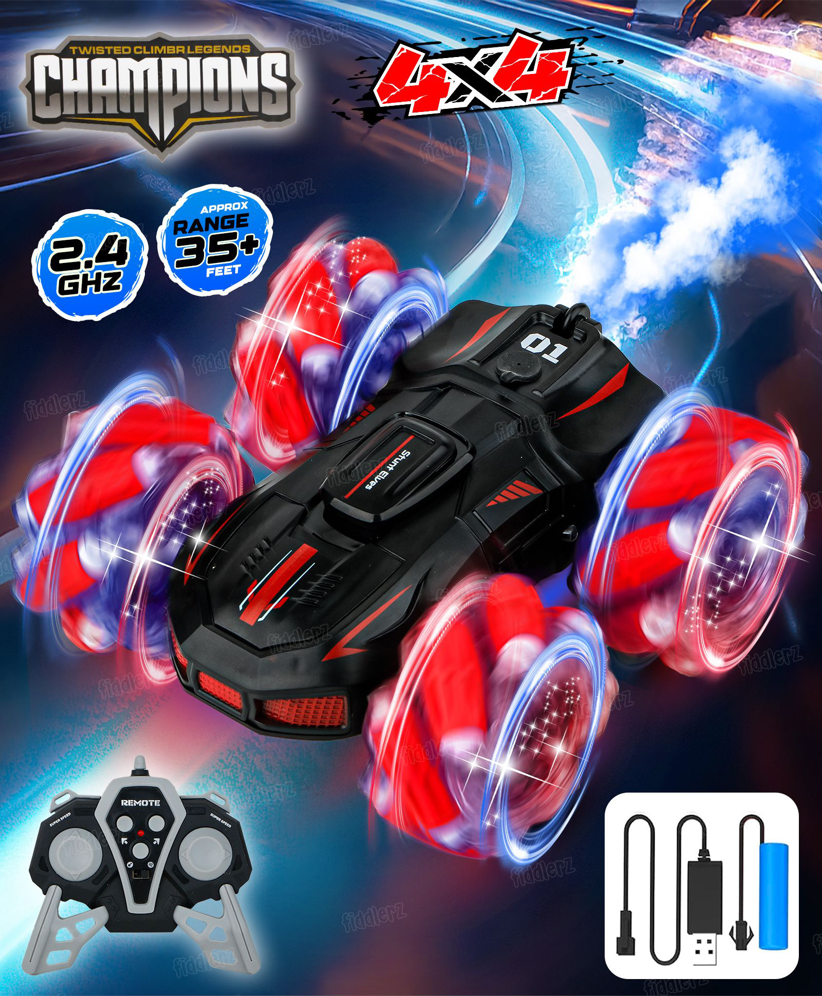 Fiddlerz Remote Control Car for Kids with Mist Spray Action Flashing Lights 360° Rotating Rechargeable RC Car Toy for Boys and Girls (Multicolor)-picture-18