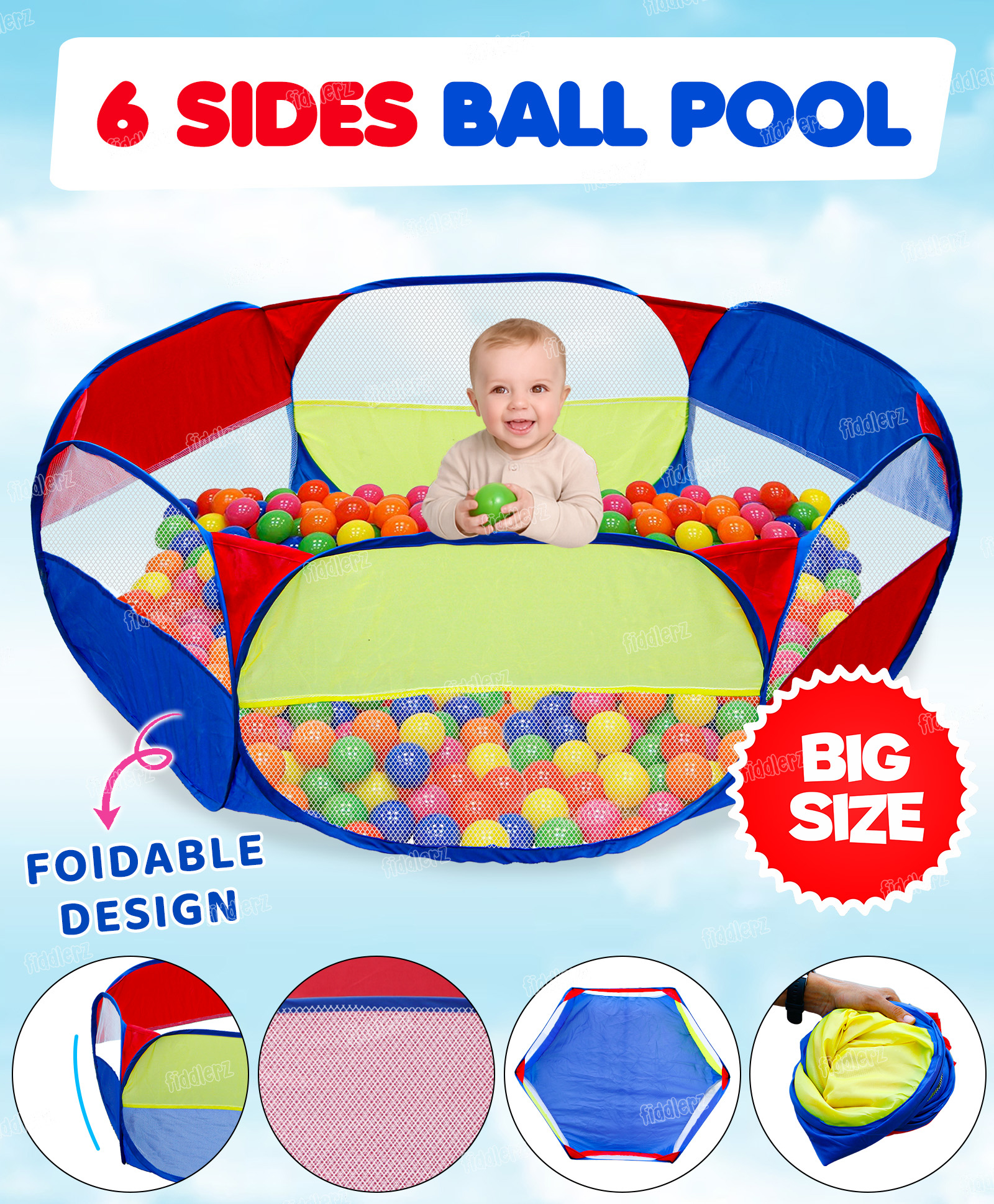 Fiddlerz Ball Pool for Kids Foldable Pop-Up Indoor Outdoor Ball Pit with Colorful Design Safe and Durable Fun Activity Playhouse (Balls Not Included)-picture-21