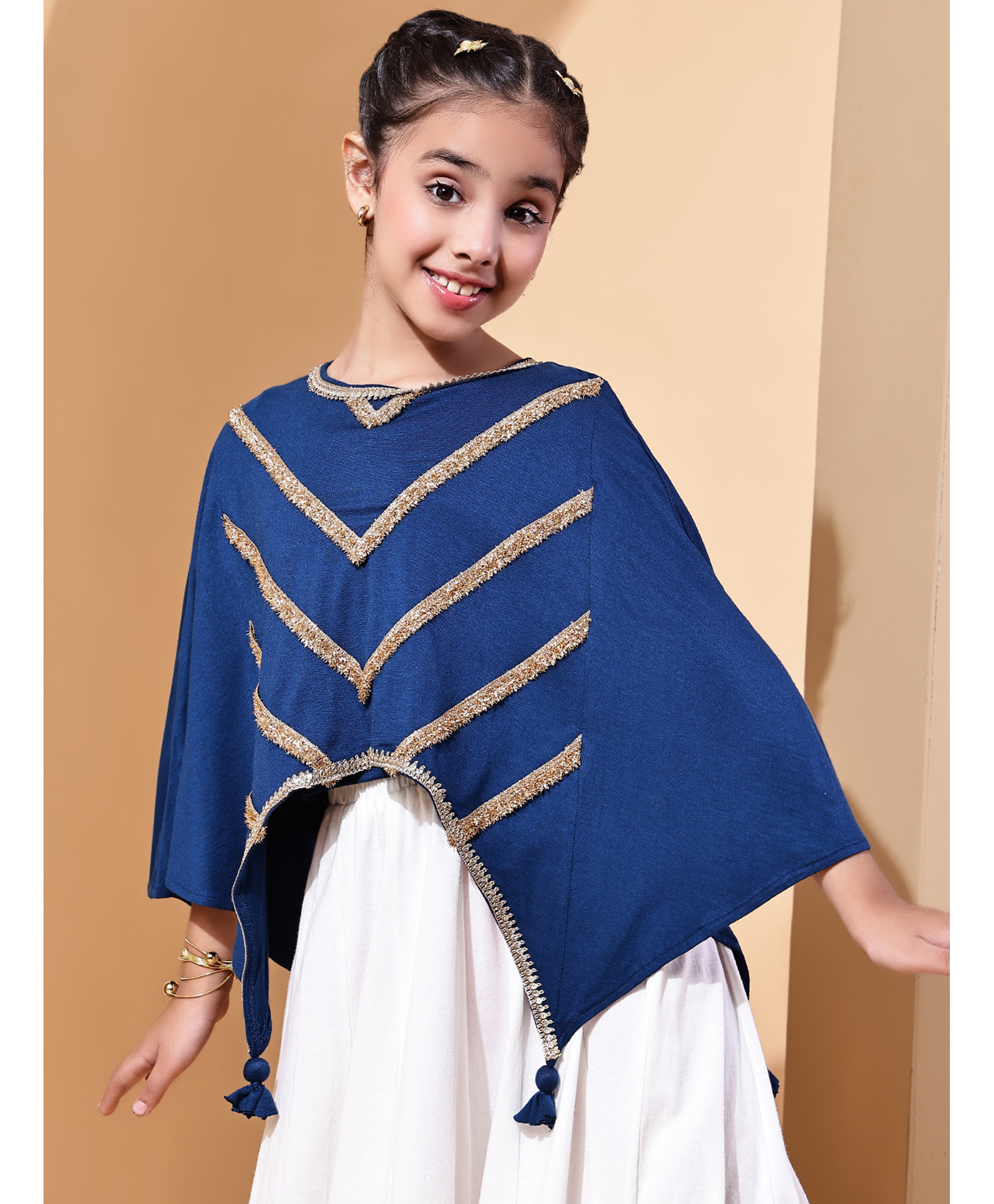 BaawRi Viscose Knit Three Fourth Cape Sleeves Lace Embellished Poncho Style Top With Inner - Blue-image-1