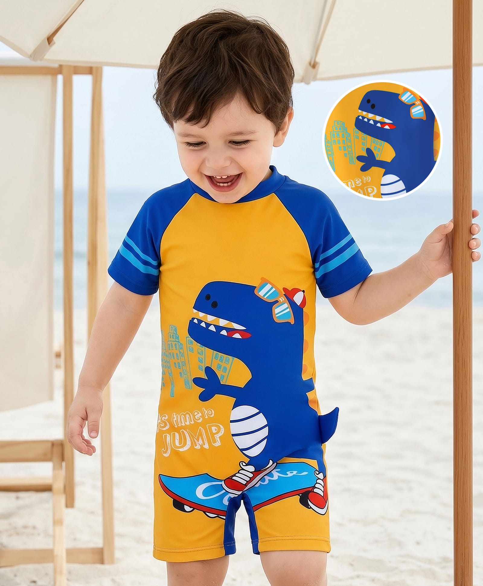 Mark & Mia Half Raglan Sleeves Legged Swimsuit With Dino Print - Orange