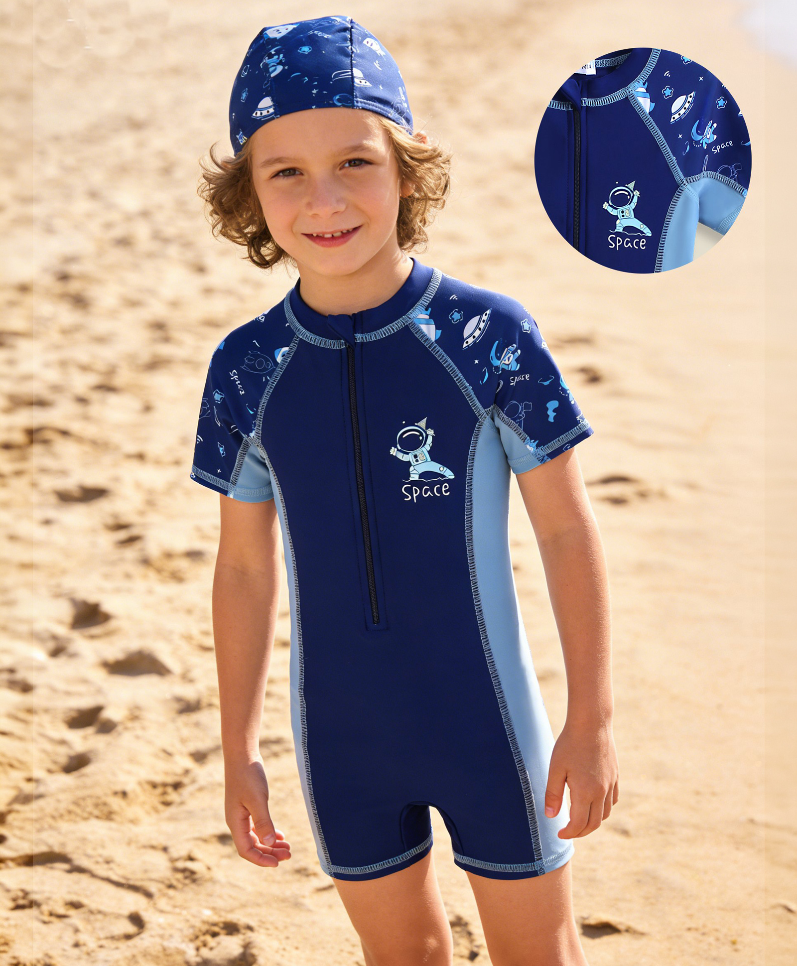 Mark & Mia Raglan Half Sleeves Legged Swimsuit With Space Theme Print & Cap - Navy Blue-image-44