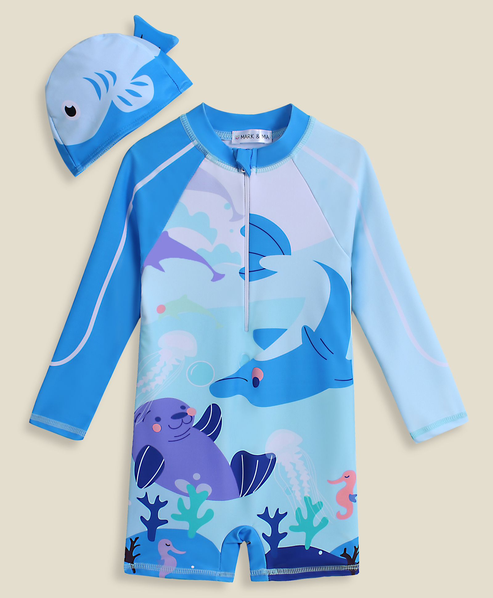 Mark & Mia Raglan Full Sleeves Legged Swimsuit With Sea Life Print & Cap -Blue
