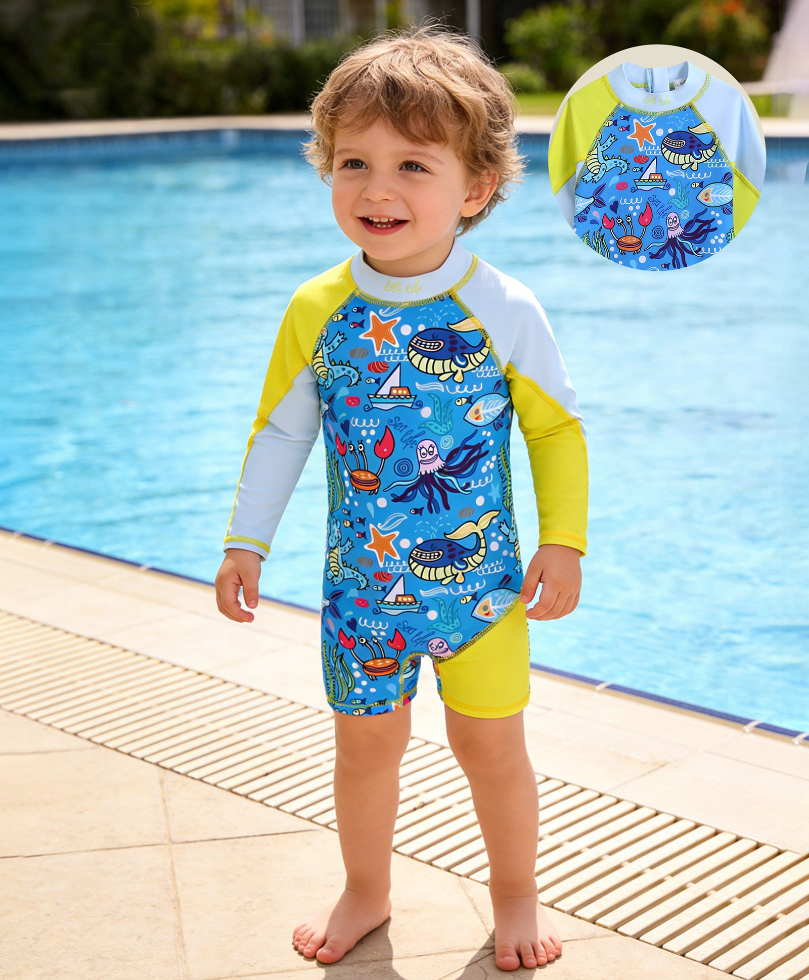 Mark & Mia Full Raglan Sleeves Legged Swimsuit With Sea Animals Print - Blue-image-24