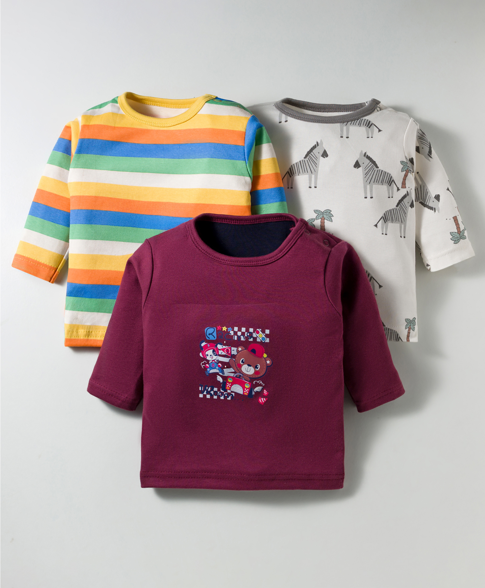 Kidi Wav Pack Of 3 Full Sleeves Zebra & Teddy Bear Printed Tee - Multi Colour-picture-15