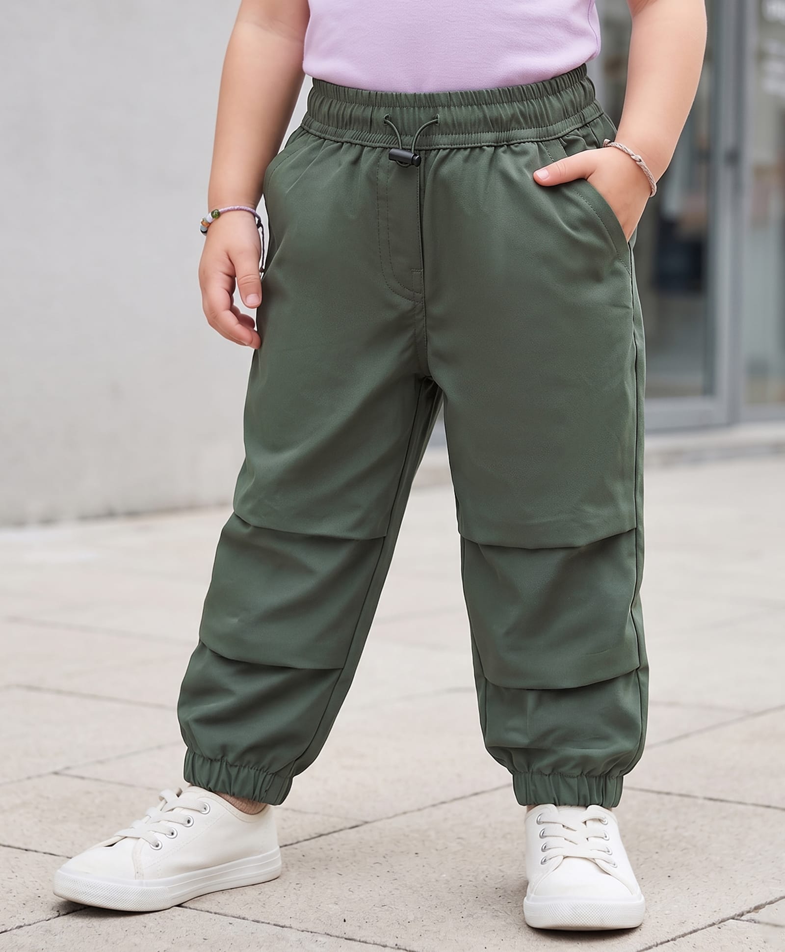 Kookie Kids Twill Woven Full Length Pleated Cut & Sew Jogger Fit Lounge Pant - Olive Green-image-23