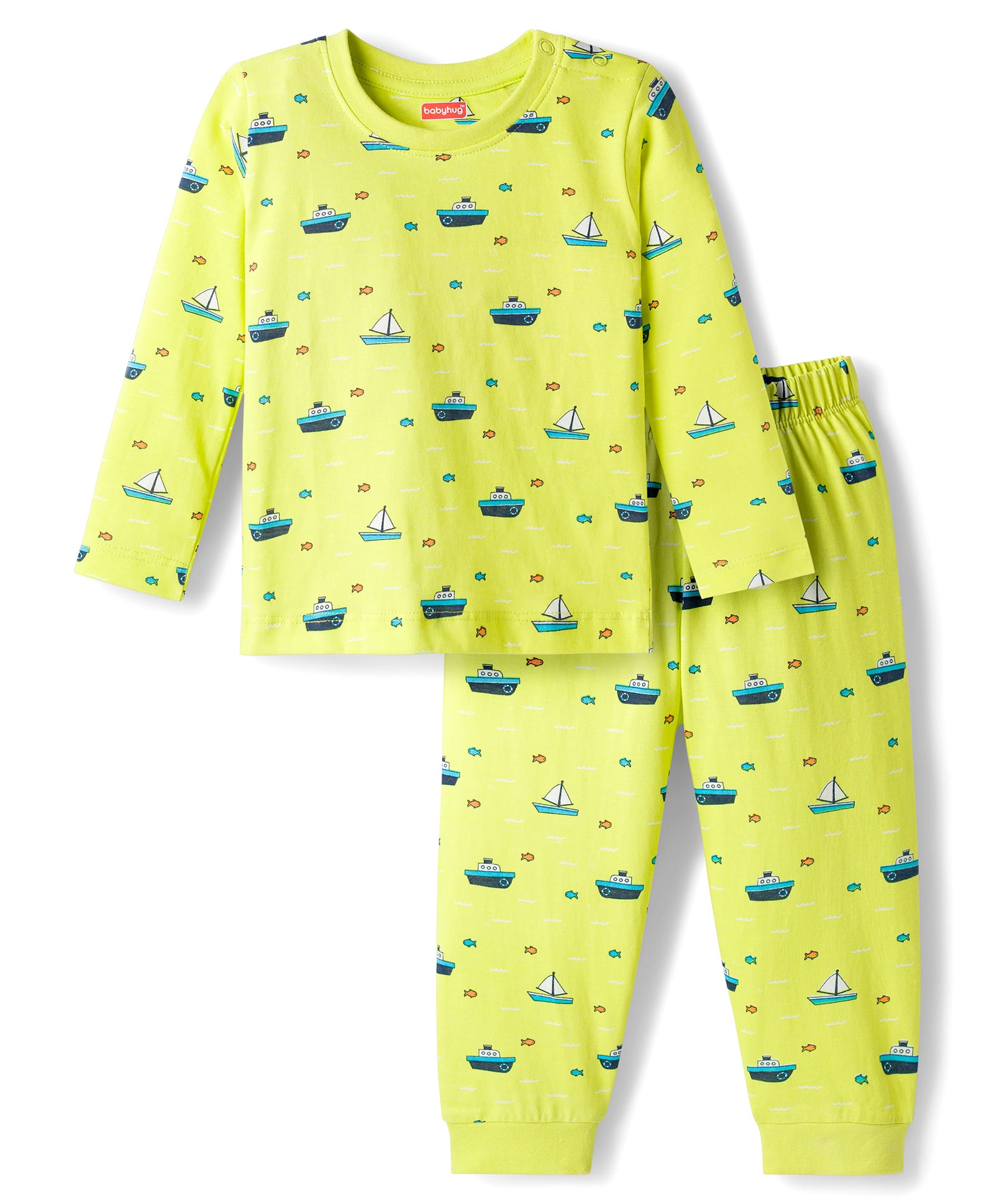 Babyhug Cotton Knit Full Sleeves Co-ords Night Suit with Nautical Theme Print - Neon Green-picture-10