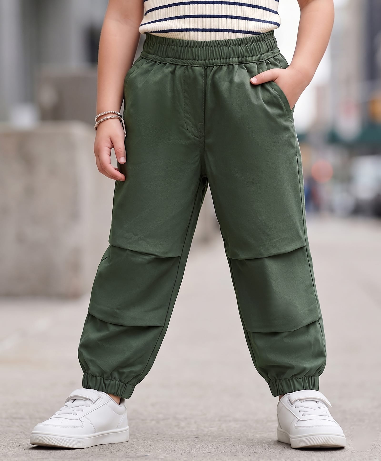 kookie kids india Kookie Kids Twill Woven Full Length Pleated Cut & Sew Jogger Fit Lounge Pant - Olive Green-picture-10