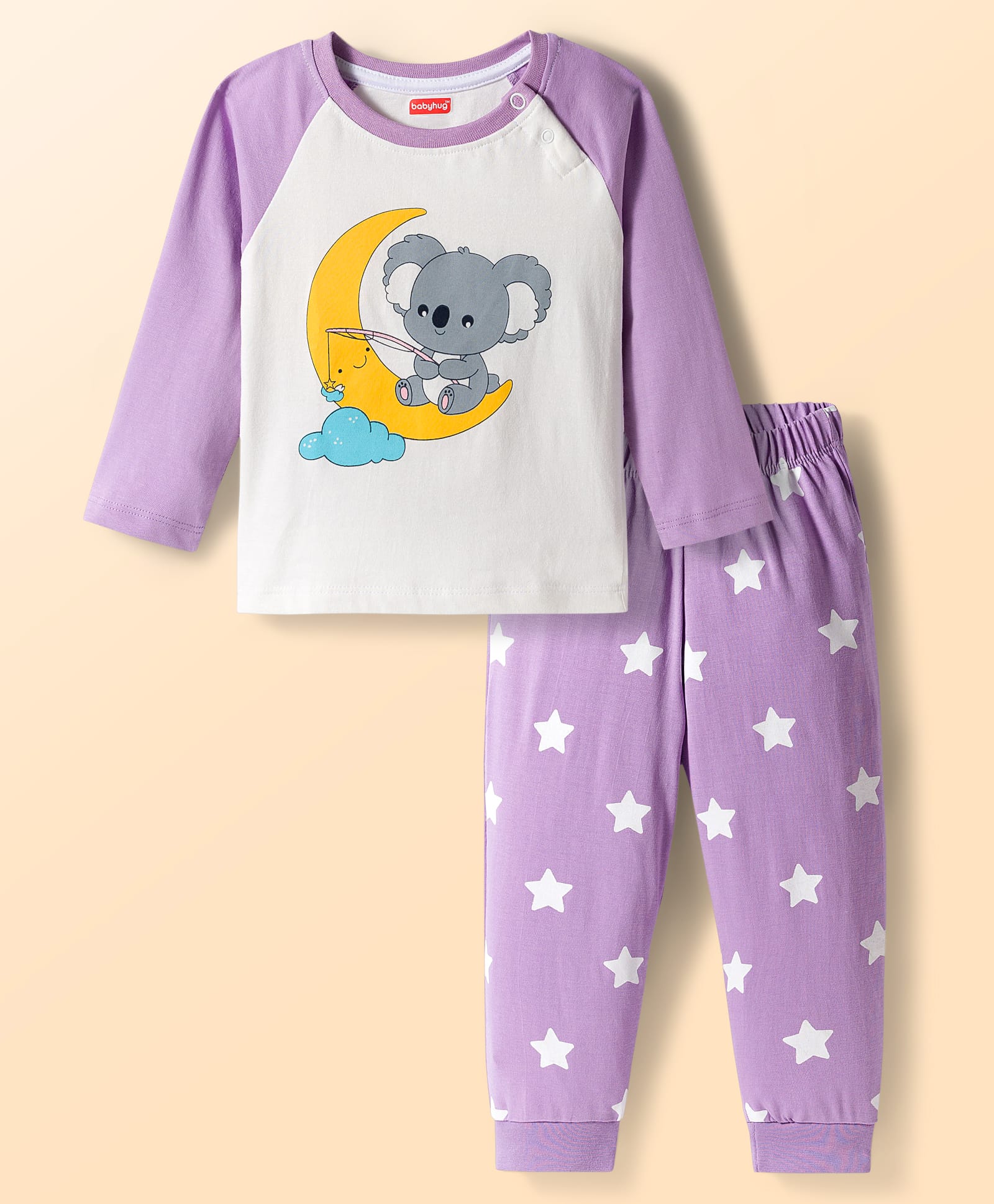 Babyhug Cotton Knit Full Raglan Sleeves Night Suit With Animal Print - Lavender-picture-35