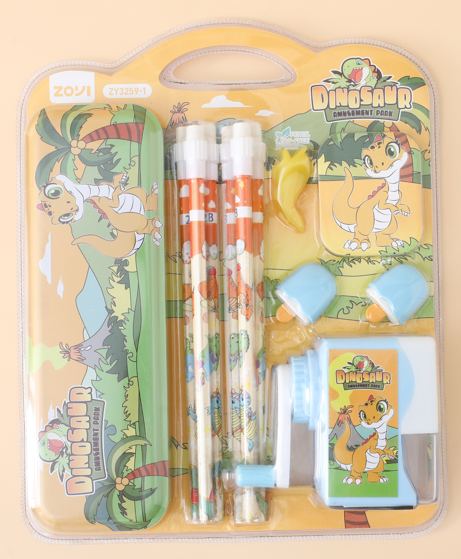 fab n funky Dinosaur Stationery Set for Kids - Yellow| Pencil Box, 6 Pencils, 2 Erasers, Sharpener & Pencil Grip| School Supplies Writing Set-picture-17