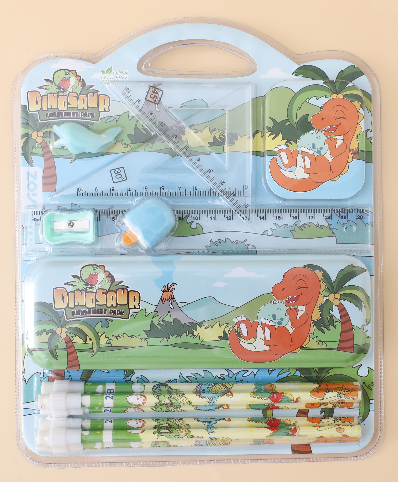 Dinosaur School Stationery Set - Blue| Pencil Box, 6 Pencils, Pencil Grip, Eraser, 3 Rulers & Sharpener| Writing Kit for Boys & Girls-image-2