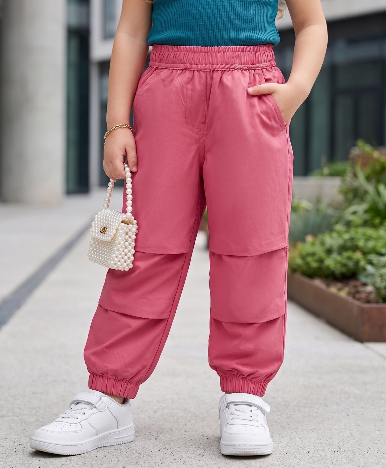 Kookie Kids Twill Woven Full Length Pleated Cut & Sew Jogger Fit Lounge Pant - Pink-image-18