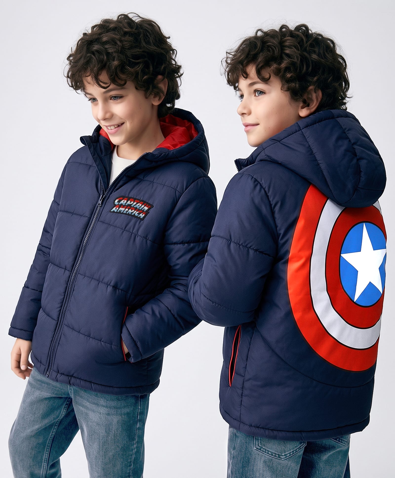 Pine Kids Marvel Woven Full Sleeves Hooded Front & Back Captain America Printed Padded Jacket - Navy-picture-24