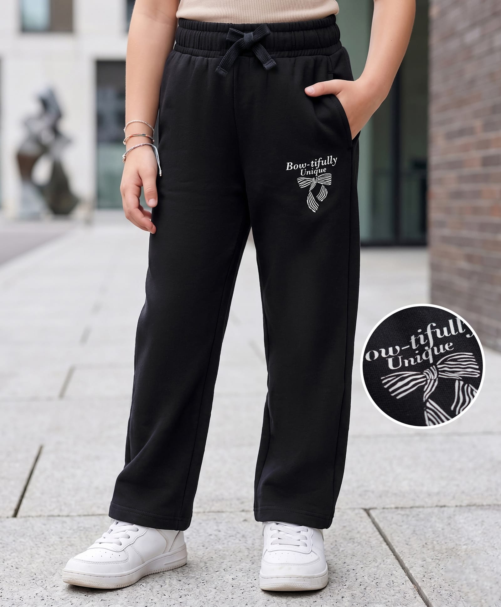 kookie kids india Kookie Kids Terry Knit Full Length Lounge Pant with Text Print & Pockets - Black-picture-27