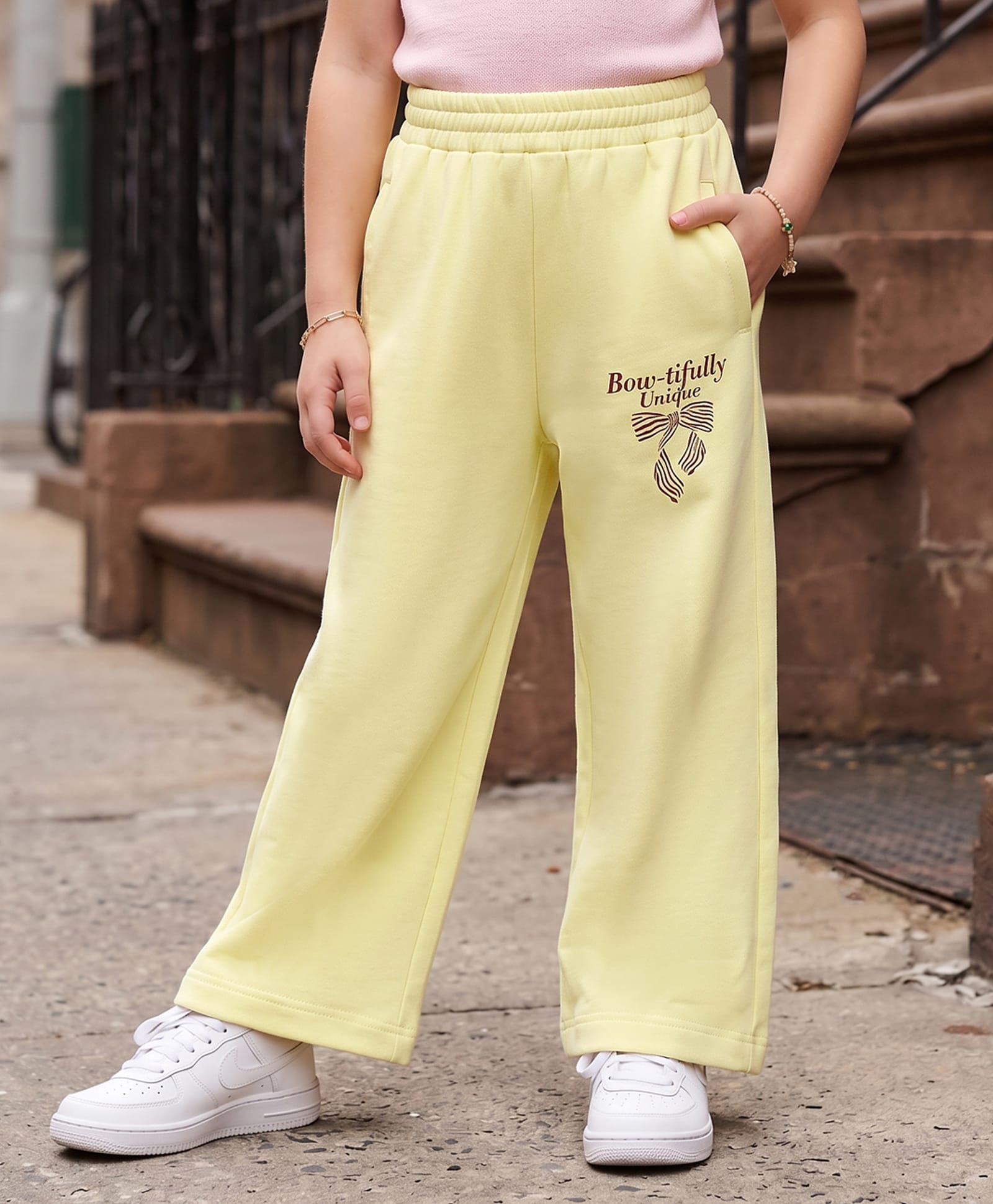 kookie kids india Kookie Kids Terry Knit Full Length Lounge Pant with Text Print & Pockets - Yellow-picture-24