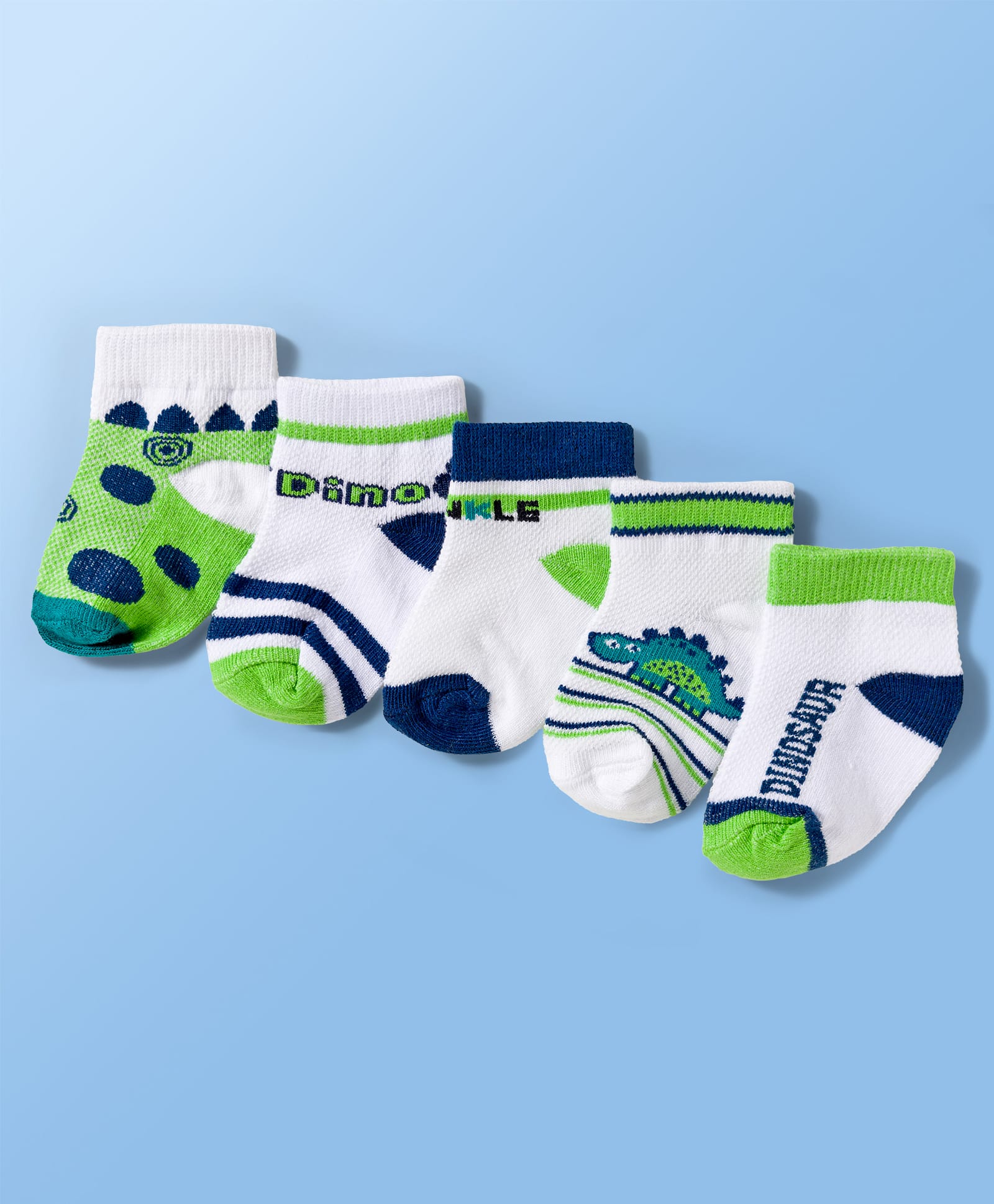 Doodle Poodle Cotton Knit Ankle Length Socks with Stripe & Dinosaur Graphic Pack of 5 - Green Navy Blue & White-image-8