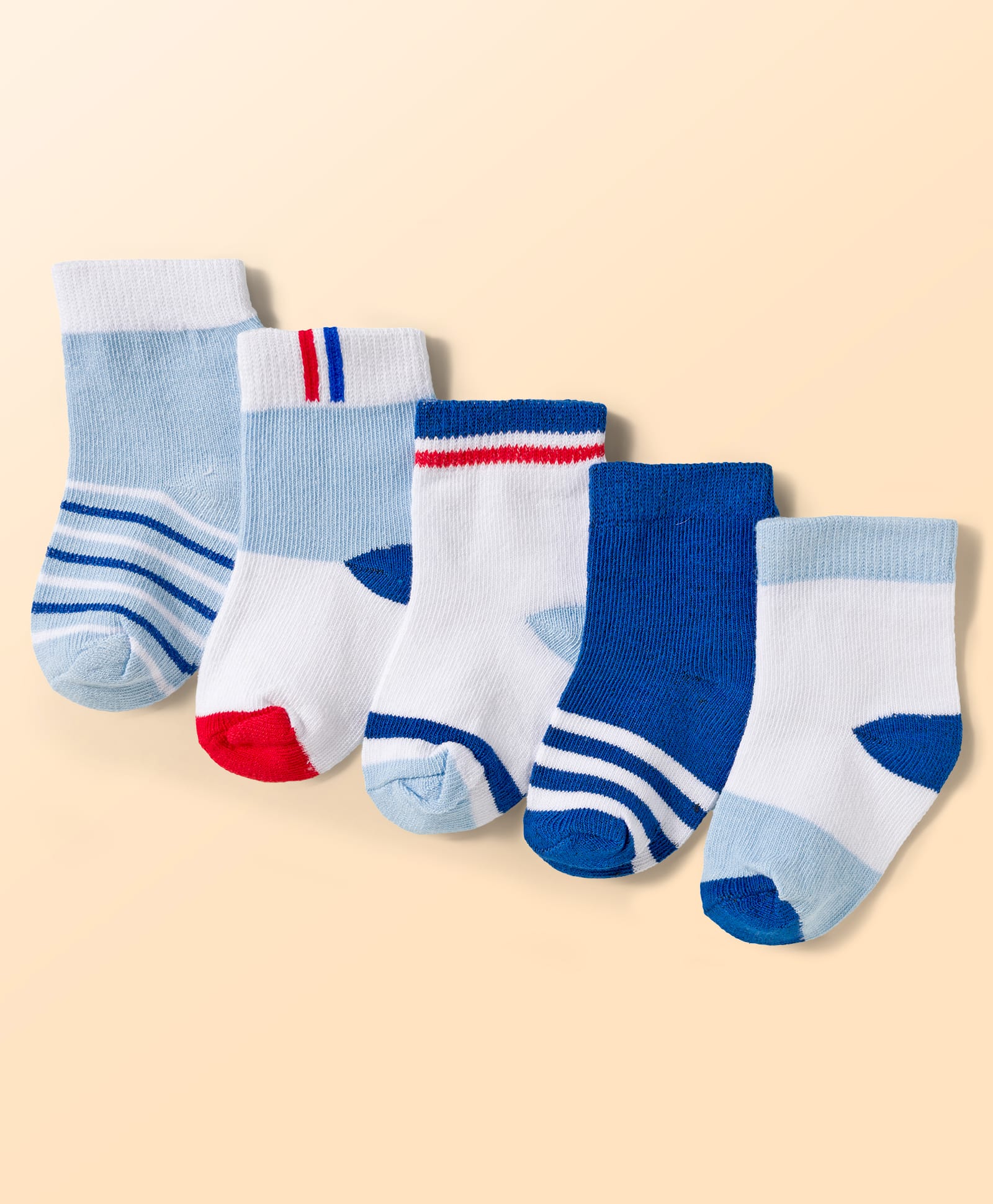 Doodle Poodle Cotton Knit Ankle Length Socks with Stripe Design Pack of 5 - Offwhite Navy Blue & Red-picture-2