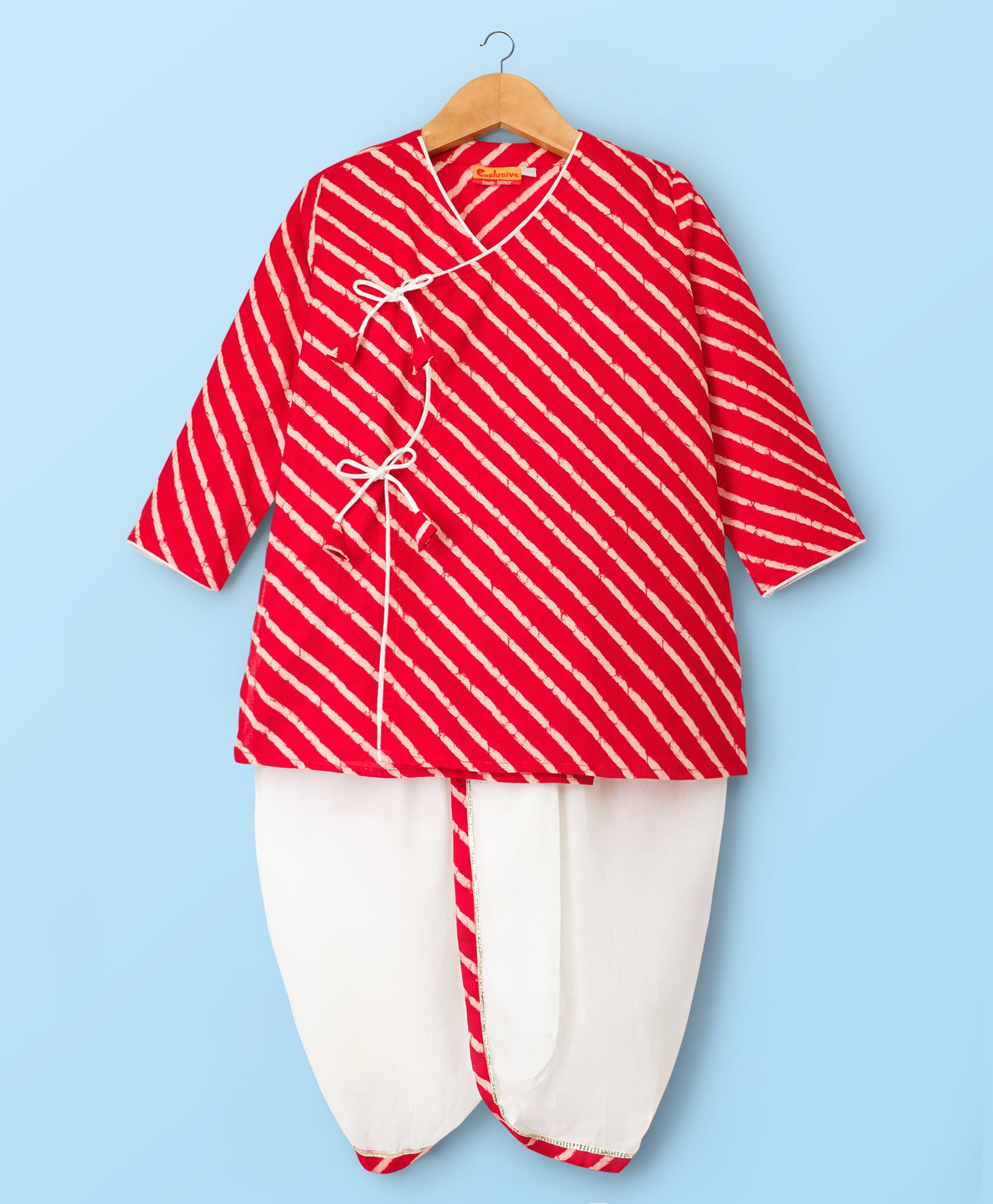 Exclusive from Jaipur Cotton Woven Full Sleeves Striped Kurta Dhoti Set - Red & Cream-image-6