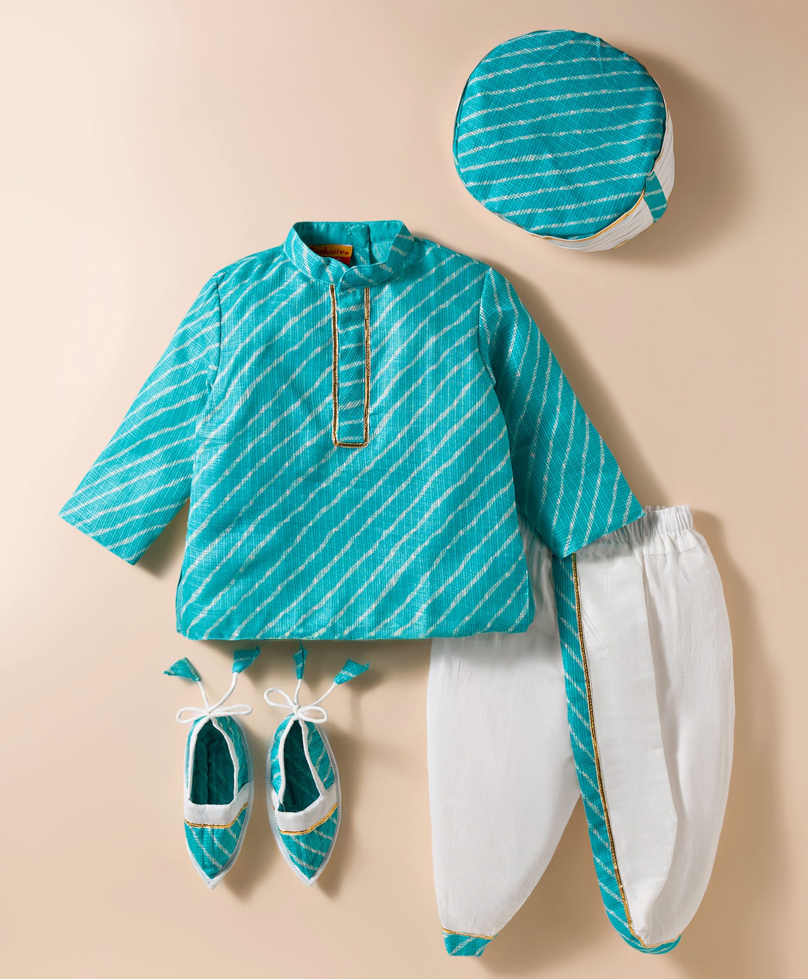 Exclusive from Jaipur Cotton Woven Full Sleeves Striped Kurta Dhoti Set With Turban & Mojaris - Turquoise-picture-24