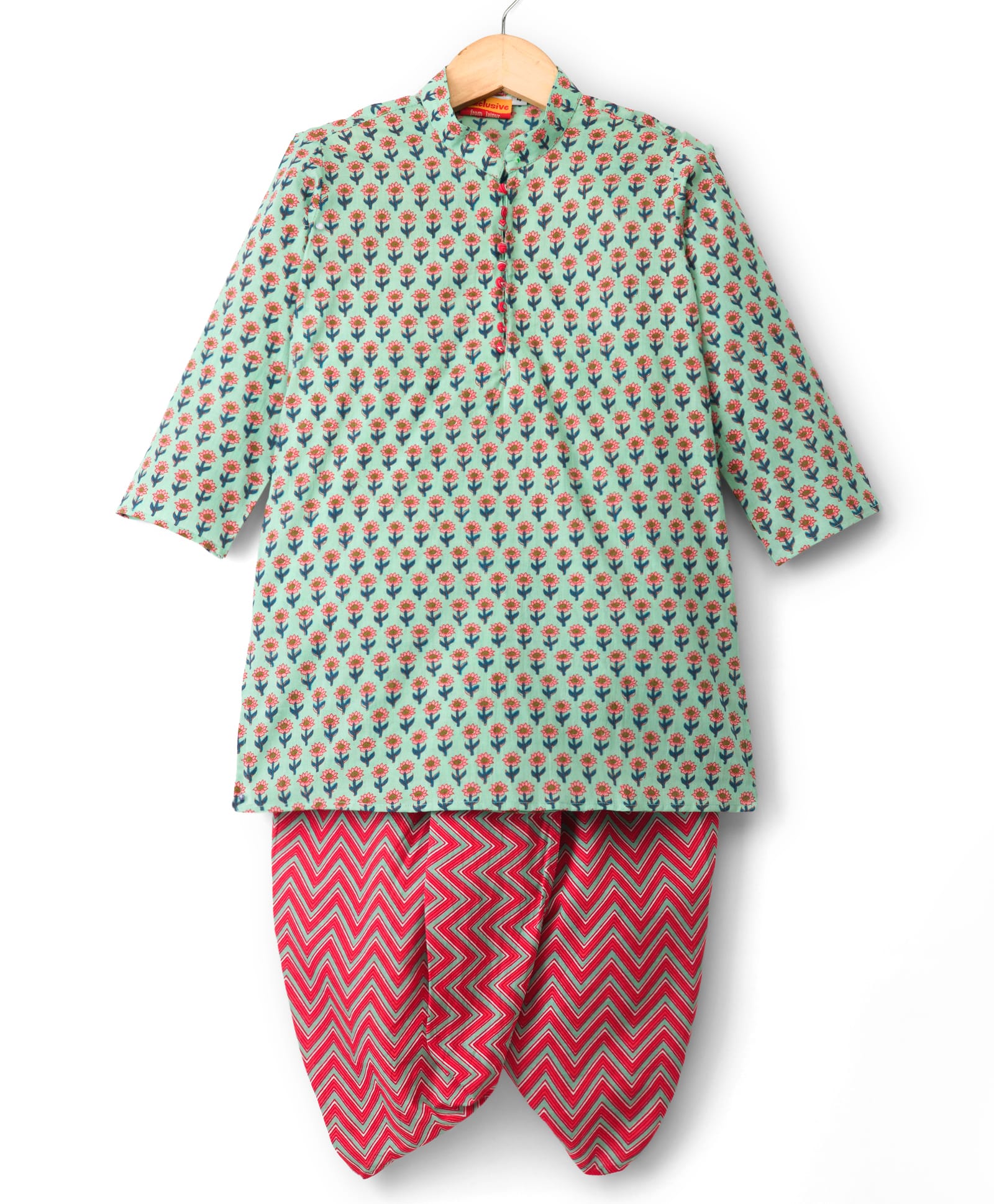 Exclusive from Jaipur Cotton Woven Full Sleeves Floral Printed Kurta Dhoti Set -Light Green & Laharia-image-41