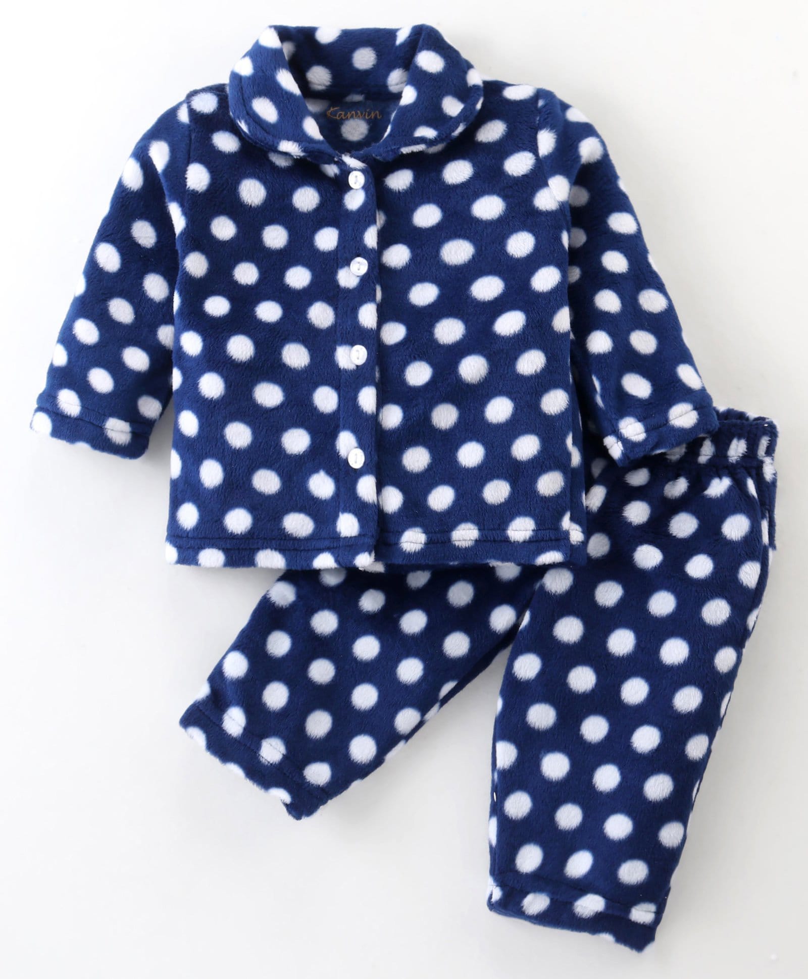 Kanvin Velour Knit Full Sleeves Shirt & Pajama Co-ords Winter Night Suit With Polka Dots Print - Navy Blue-image-0