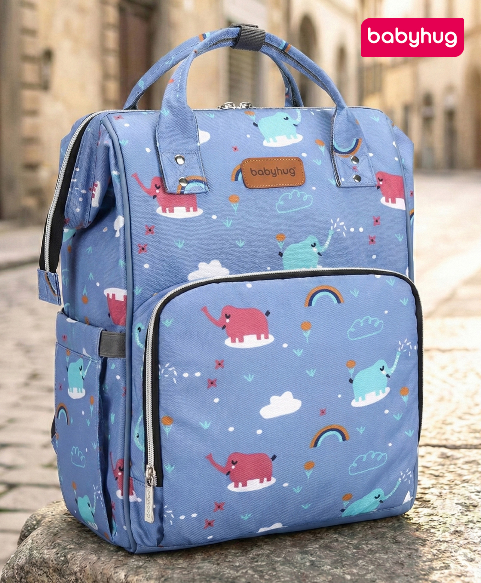 Babyhug Multipurpose Spacious Diaper Backpack Elephant Print - Blue| Adjustable Shoulder Strap| Insulated Bottle Pouches| Smart Bottom Zipper| Wipes Dispenser| Wide Fish-mouth Opening| Stylish Design