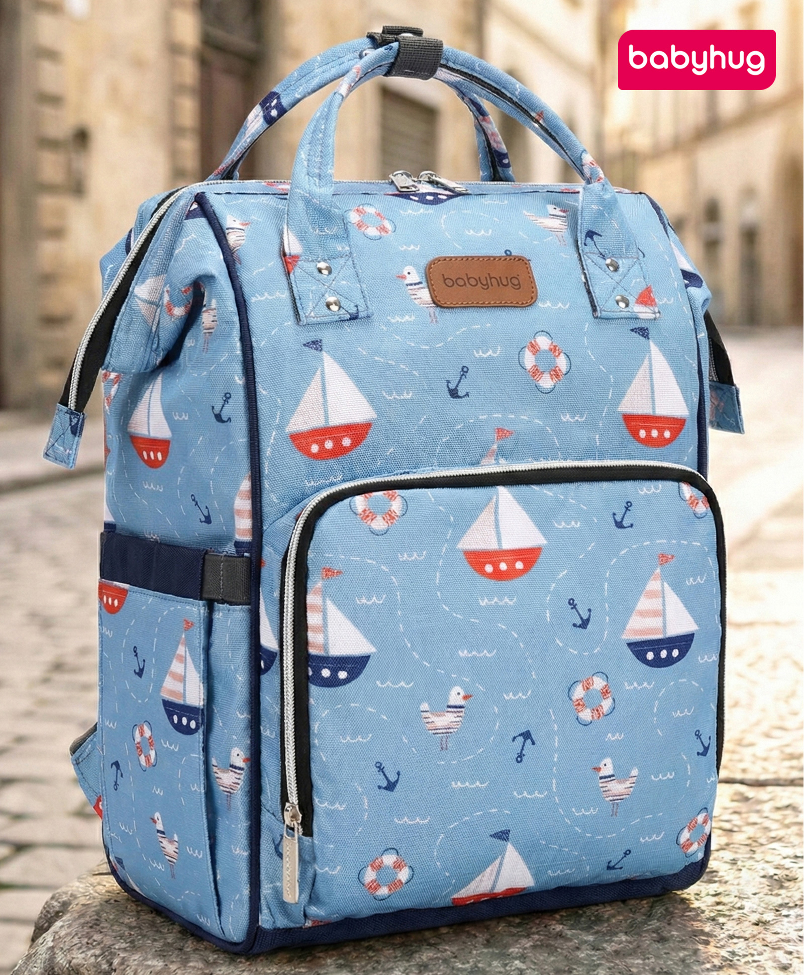 Babyhug Multipurpose Spacious Diaper Backpack Sea Theme Print - Blue| Adjustable Shoulder Strap| Insulated Bottle Pouches| Smart Bottom Zipper| Wipes Dispenser| Wide Fish-mouth Opening| Stylish Design