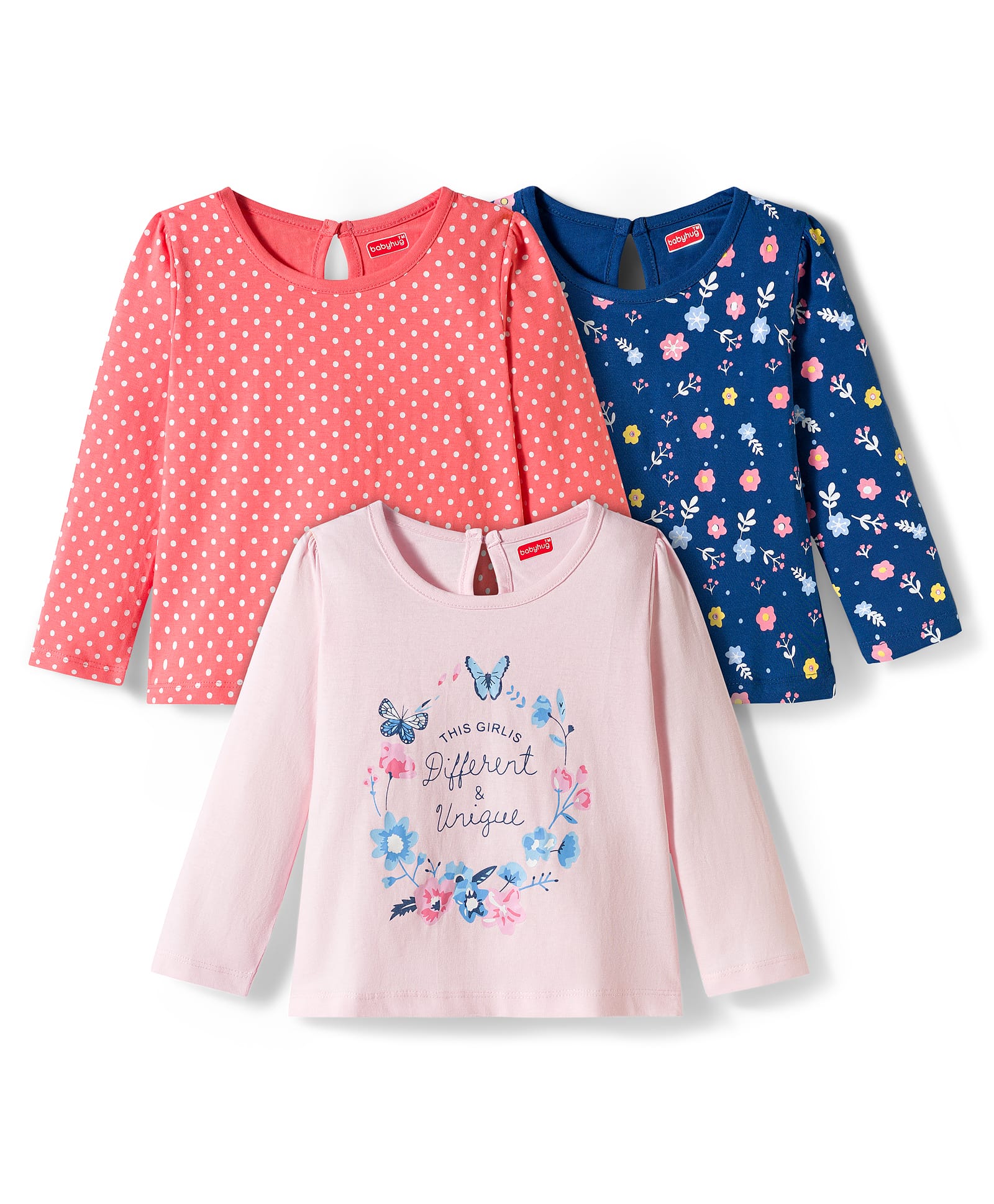 Babyhug 100% Cotton Knit Full Sleeves T-Shirts With Floral & Polka Dot Print Pack of 3 - Pink Peach & Navy Blue-picture-36