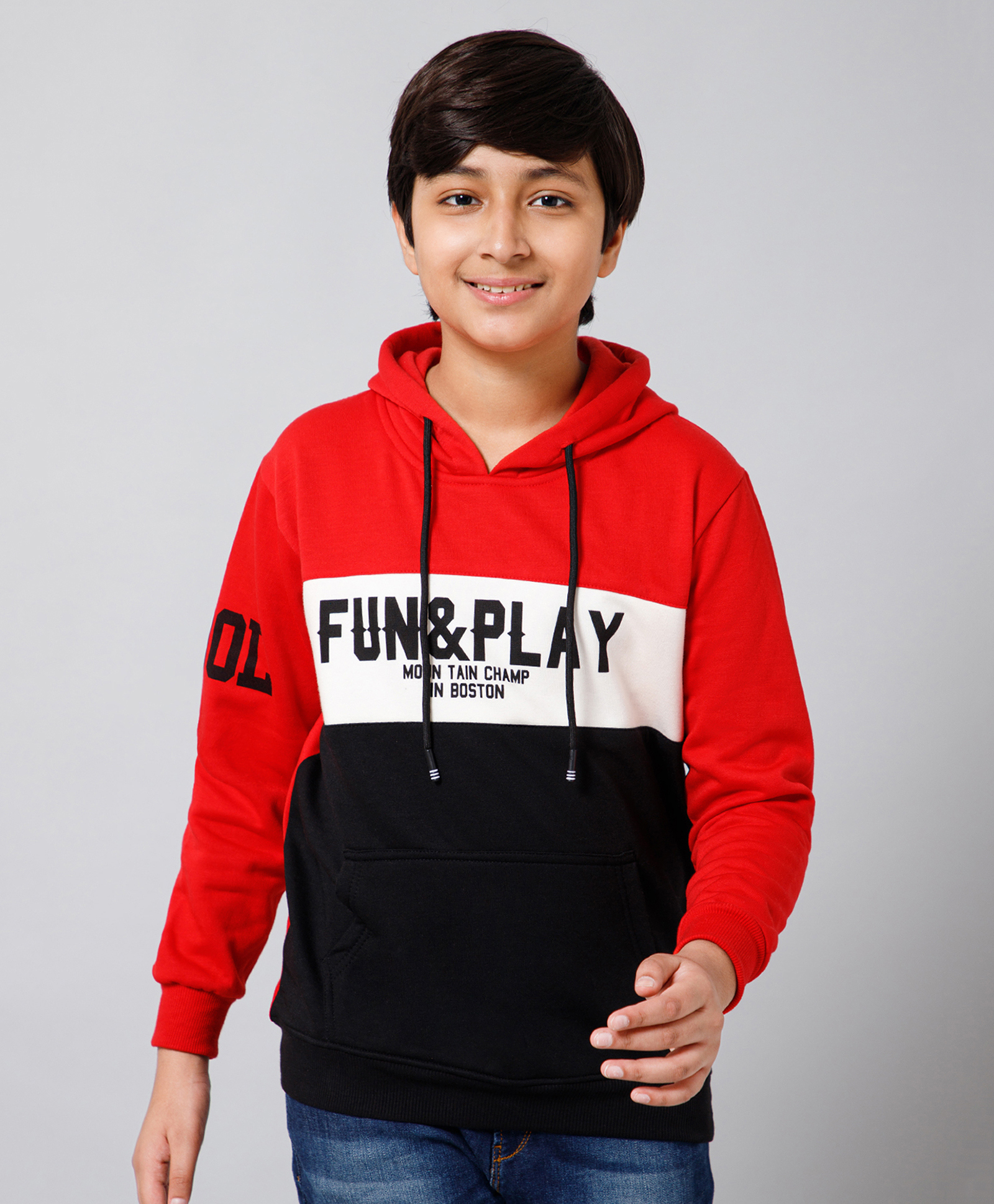 ALAN JONES Cotton Blend Knit Full Sleeves Fun & Play Text Printed Light Winter Hooded Sweatshirt - Red-image-49