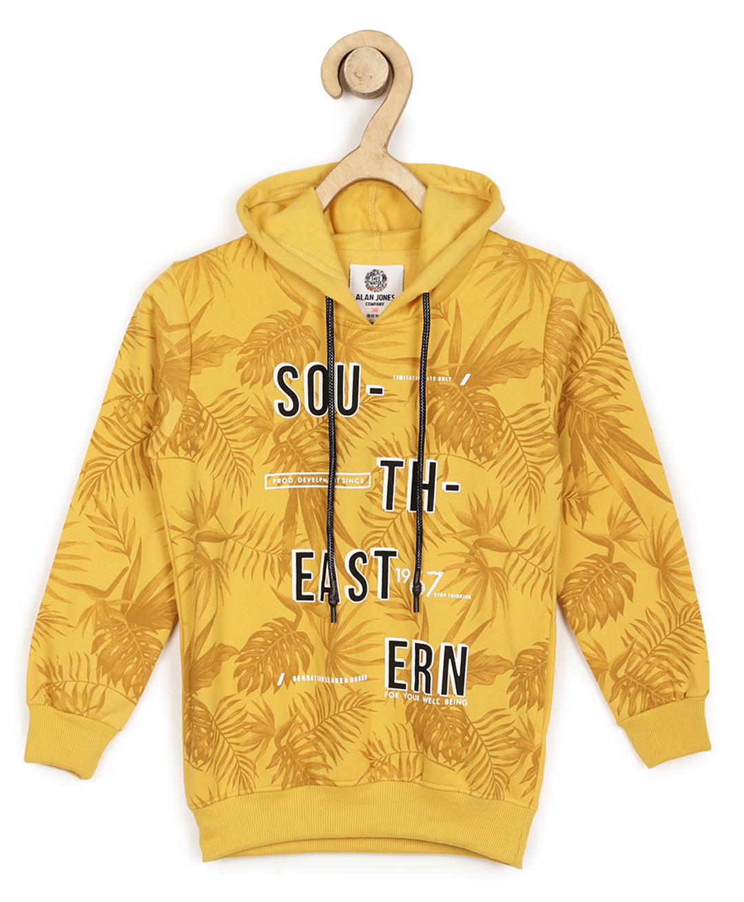 ALAN JONES Cotton Blend Knit Full Sleeves South Eastern Text Printed Light Winter Hooded Sweatshirt - Mustard-picture-10