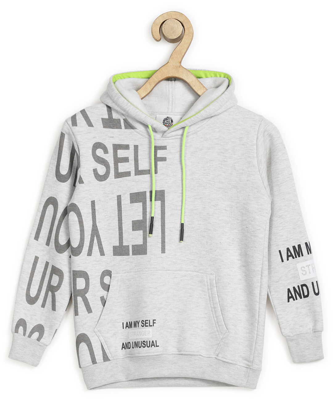 ALAN JONES Cotton Blend Knit Full Sleeves Typography Printed Light Winter Hooded Sweatshirt - Light Grey-image-41