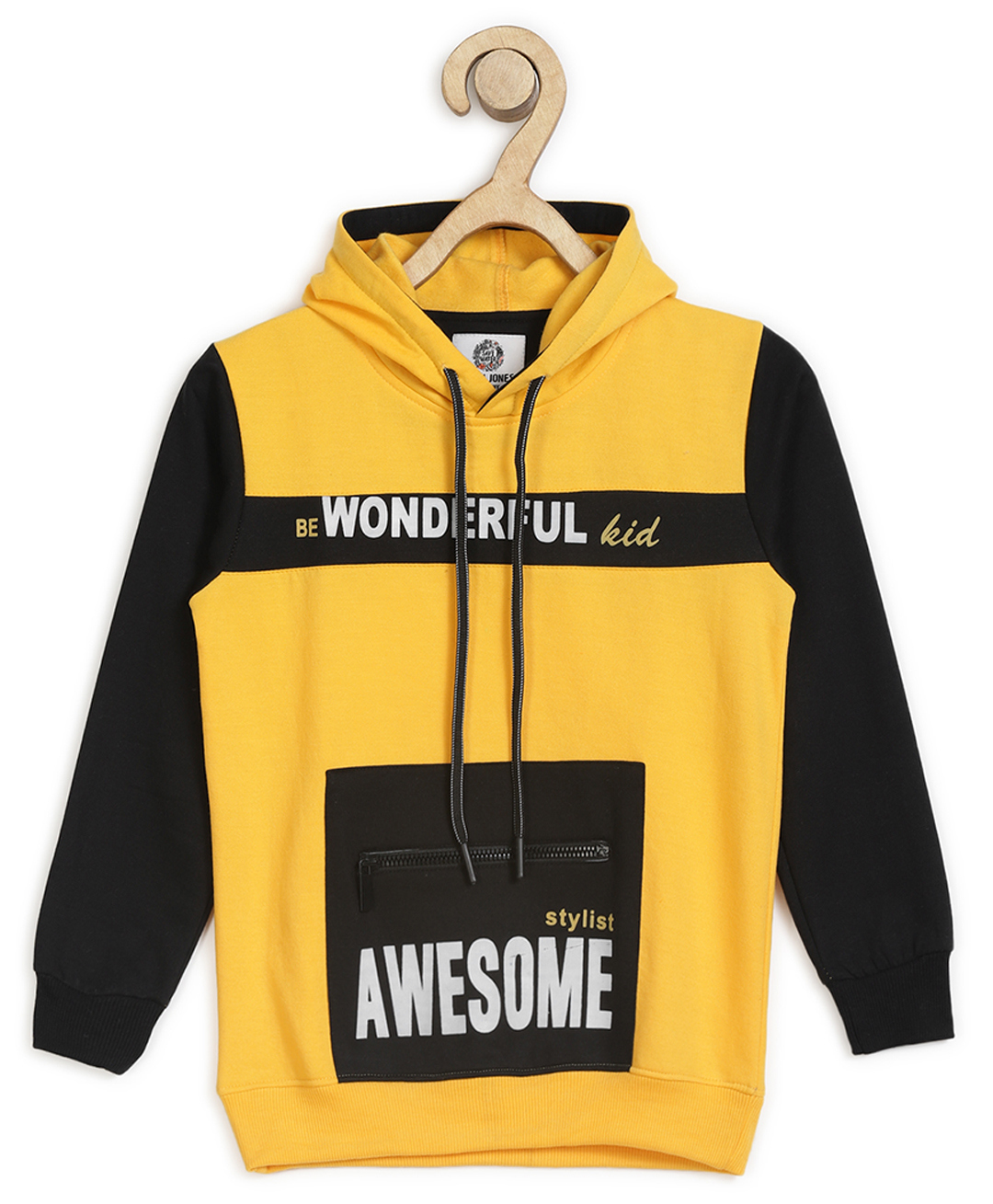 ALAN JONES Cotton Blend Knit Full Sleeves Colour Blocked & Typography Printed Light Winter Hooded Sweatshirt - Gold-image-20