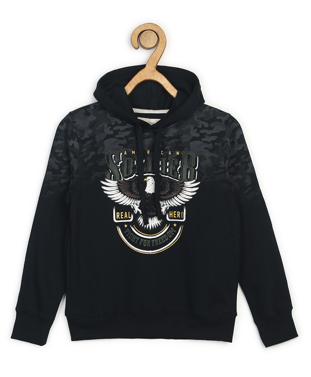 ALAN JONES Cotton Blend Knit Full Sleeves American Soldier Text & Eagle Printed Light Winter Hooded Sweatshirt - Navy Blue-picture-18