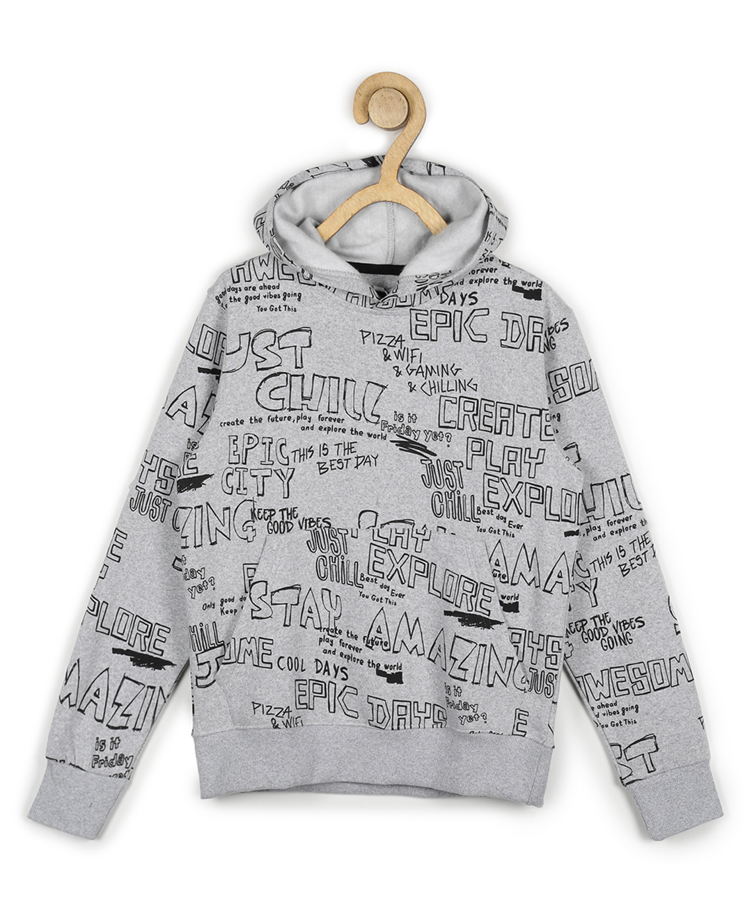 ALAN JONES Cotton Blend Knit Full Sleeves Typography Printed Light Winter Hooded Sweatshirt - Light Grey-image-42