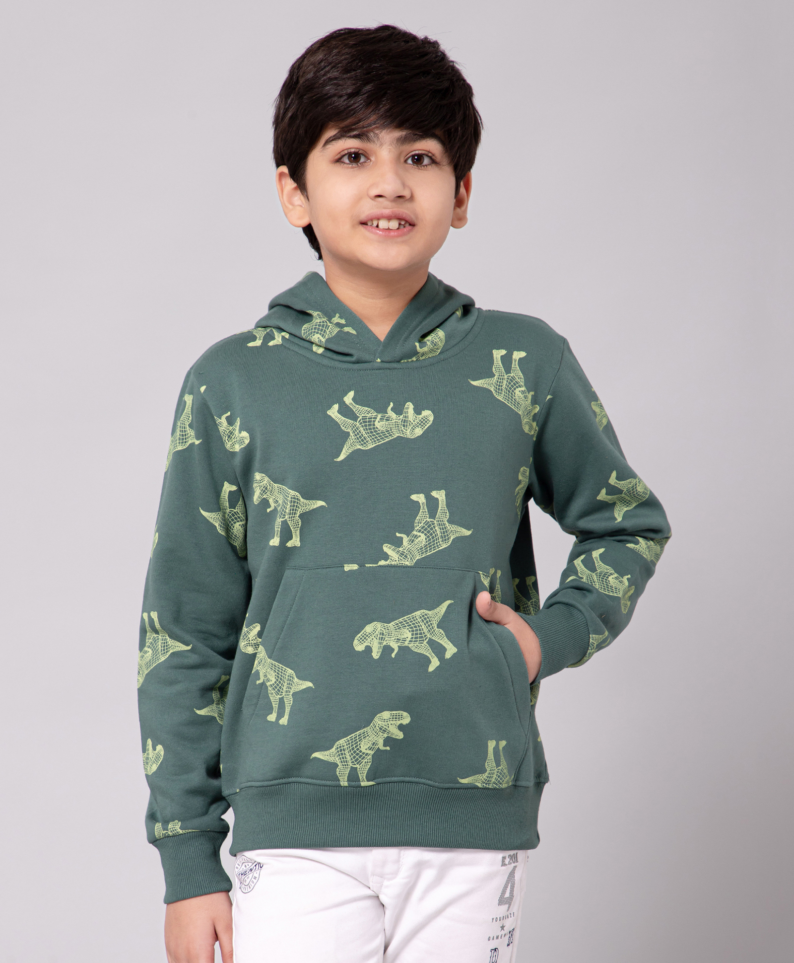 ALAN JONES Cotton Knit Full Sleeves Tyrannosaurus Rex Printed Hooded Light Winter Sweatshirt - Dark Green-image-32