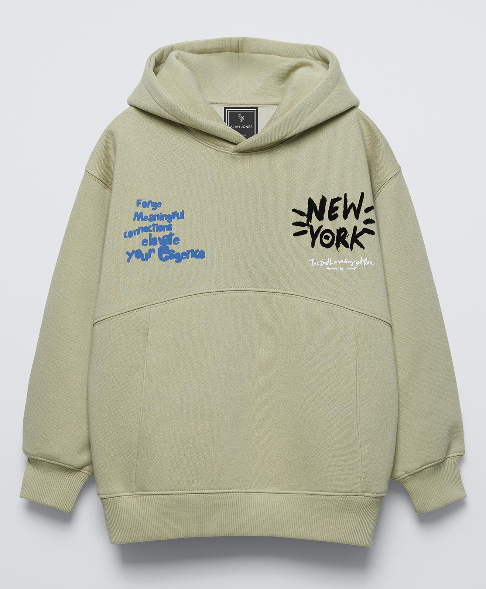 ALAN JONES Cotton Blend Knit Full Sleeves New York Text Printed Light Winter Oversized Hoodie - Light Mint-image-14