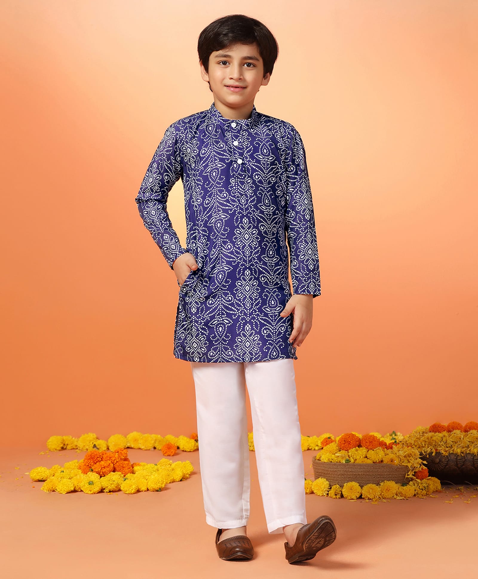 Fashion Dream Cotton Blend Woven Full Sleeves Floral Designed Bandhani Printed Kurta Pyjama Set - Dark Blue-picture-36