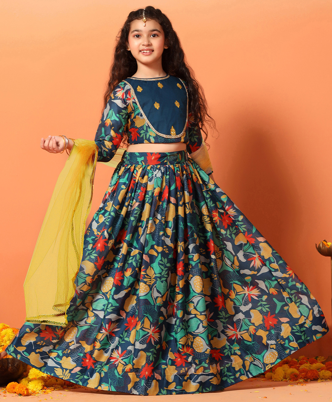 Fashion Dream Chanderi Woven Three Fourth Sleeves Floral Printed Lace Embellished Lehenga Choli With Dupatta Set - Rama Green-picture-17