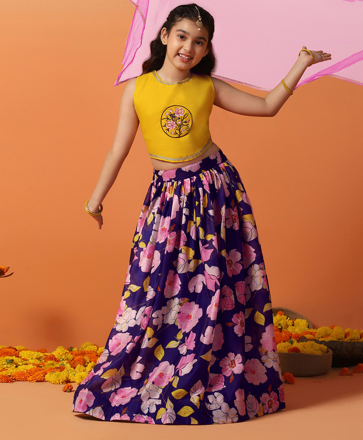 Fashion Dream Chanderi Woven Sleeveless Floral Embroidered Lehenga Choli With Dupatta Set - Mustrad-picture-27