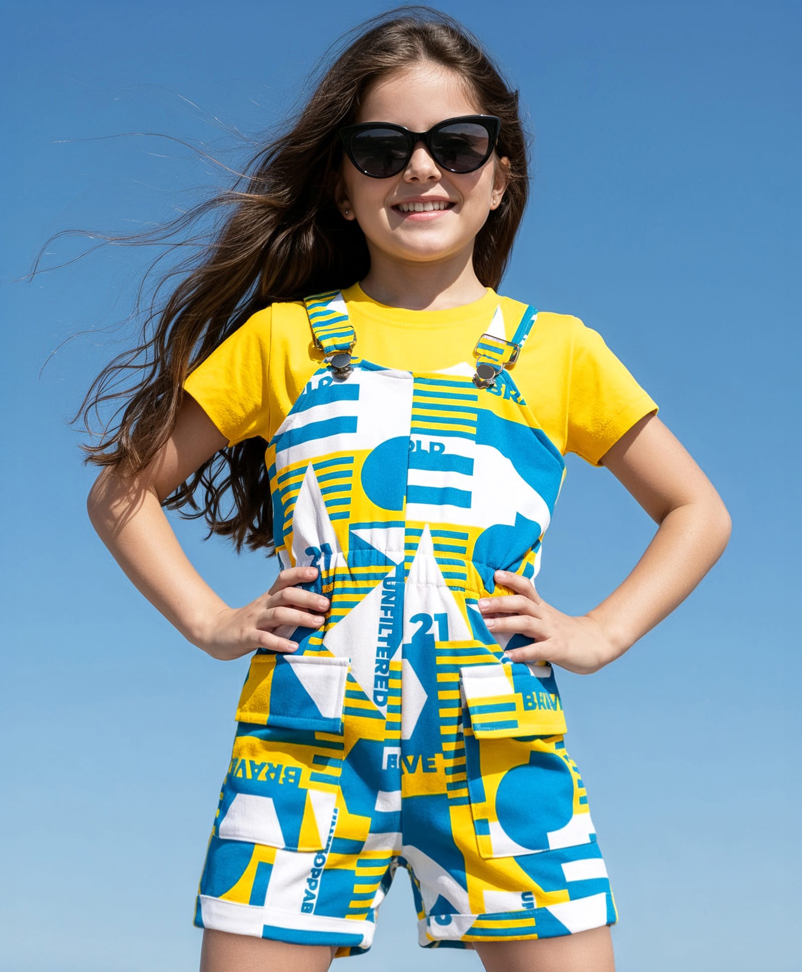 OLLINGTON ST. Cotton Printed Knit Dungaree & Half Sleeves Inner Top - Multicolor & Yellow-picture-16