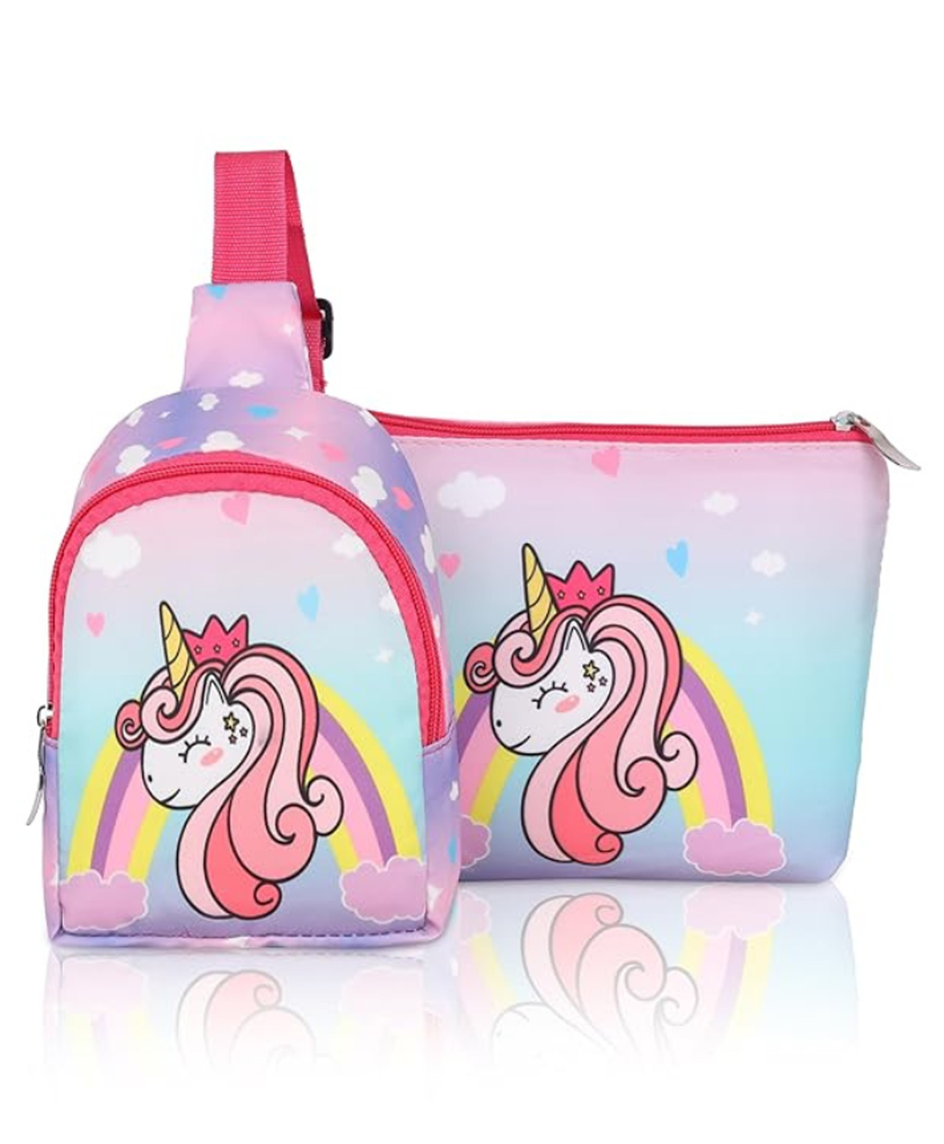Echo Boomers Unicorn Printed Crossbody Backpack with Matching Pouch- Pink, Height 6.7 inches-image-48