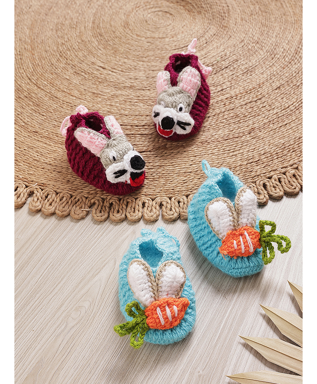 MayRa Knits Pack Of 2 Hand Knitted Woven Bunny Applique Detailed Set Of Booties - Magenta & Blue-picture-12