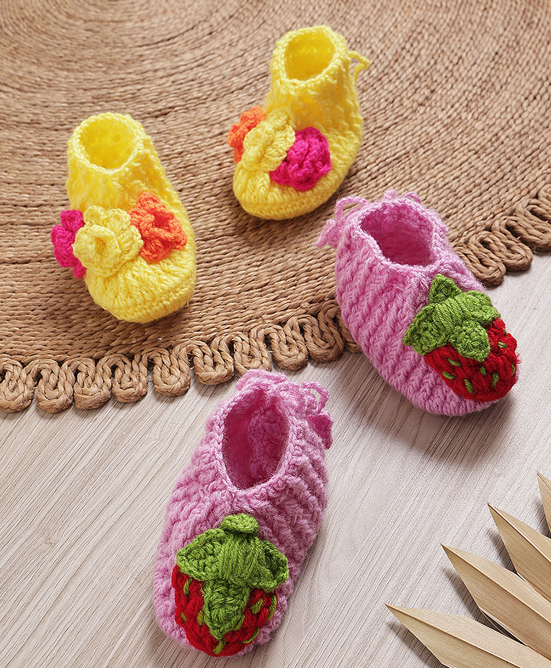 MayRa Knits Hand Knitted Woven Pack Of 2 Strawberry & Floral Applique Detailed Crochet Booties - Yellow & Purple-picture-18