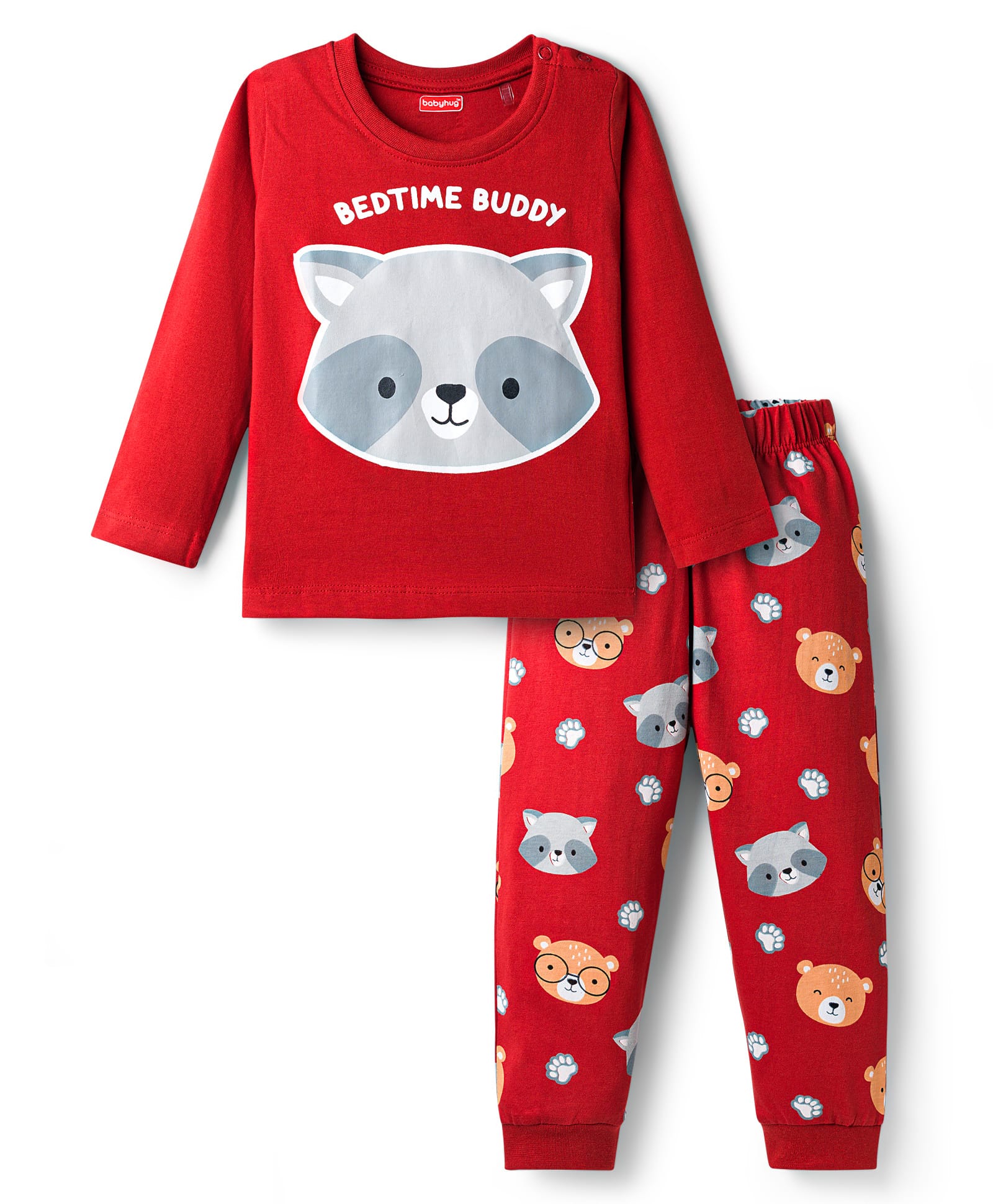Babyhug Cotton Knit Full Sleeves Night Suit With Animal Print - Maroon-image-36