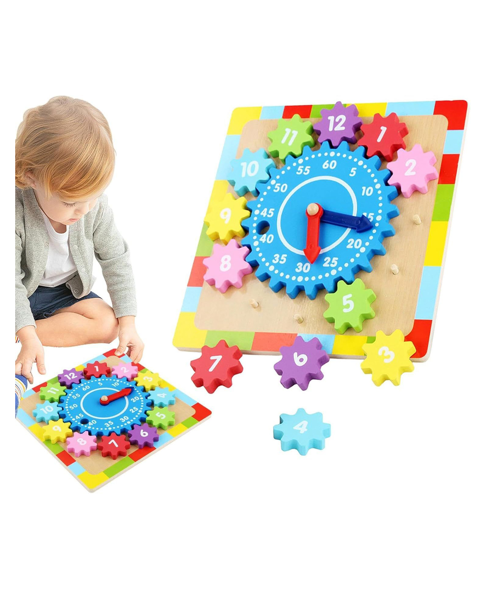 Sanjary Wooden Gear Clock Toy Building Blocks for Gift Learning Educational Rotating Development Toy for Kids Color Design May Vary-image-39